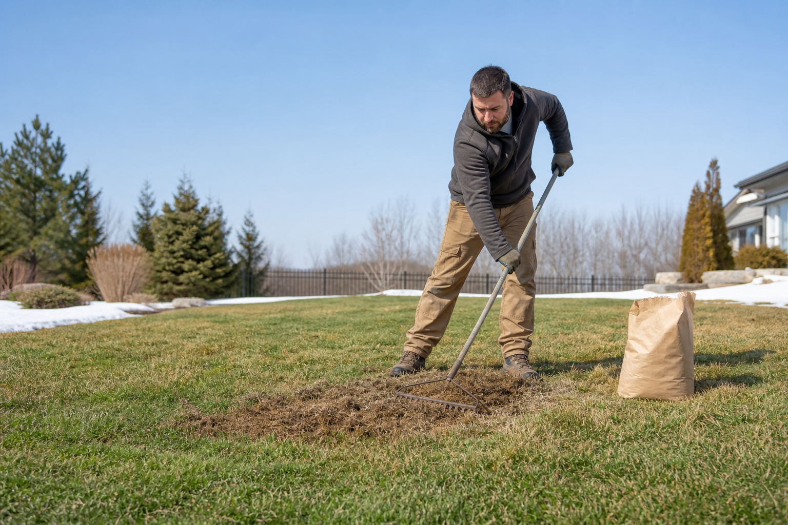 A homeowner performing spring lawn recovery by raking dead thatch and damaged brown grass, with lingering winter snow visible in the background.