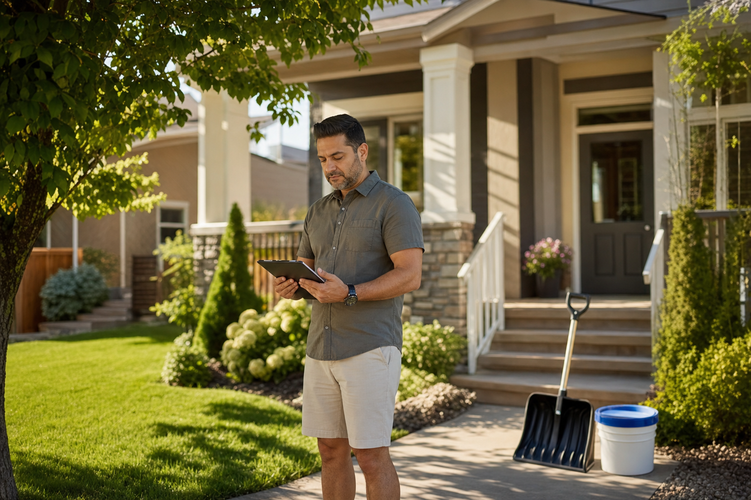 Homeowner standing in a sunny front yard with a tablet, planning winter snow removal in summer, with a snow shovel and ice melt bucket beside the walkway.