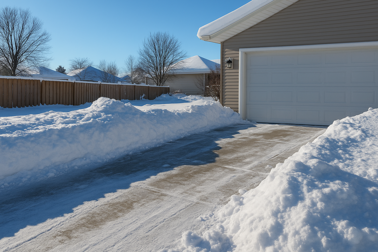Winter suburban home with snow fencing